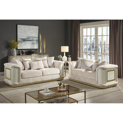Bona Contemporary Style 2-Piece Living Room Set Including The Sofa And Loveseat In Cream With Gold Accents And Diamond-Textured Details