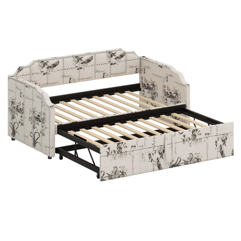 Multifunctional Lounge Bed Featuring Hidden Trundle Storage and Built-in Device Charging Ports, White Tossed Botanical