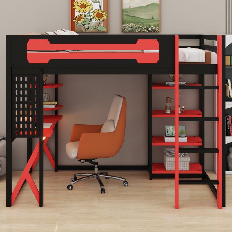 Lit mezzanine avec bureau et tablettes de rangement, structure en bois avec station de charge et lumière RVB, Noir et rouge