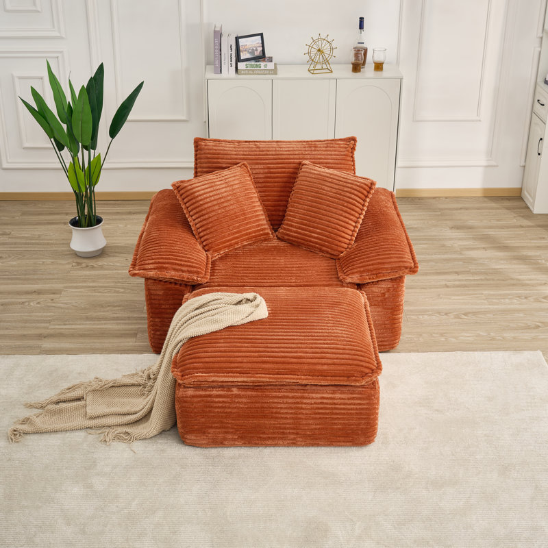 Fauteuil surdimensionné en velours côtelé de 47 po avec repose-pieds, Orange