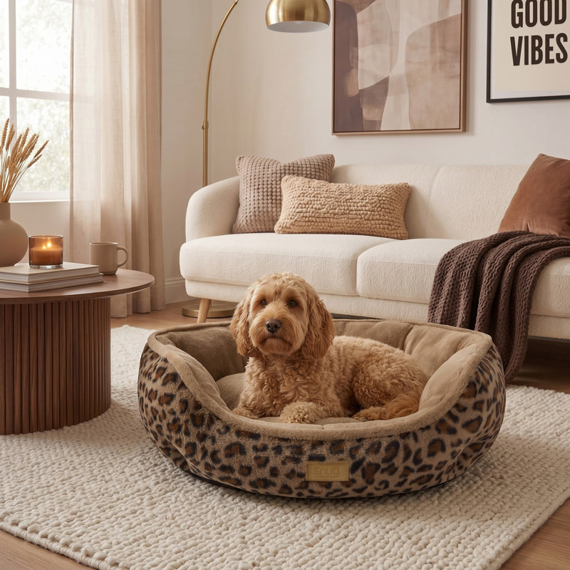 Snug Calming Leopard Print Faux Fur Donut Pet Bed , Small