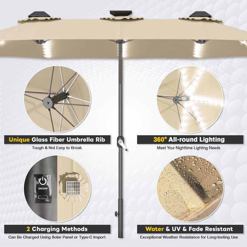 Grand parasol double 15 pi avec lumières solaires, Tanné