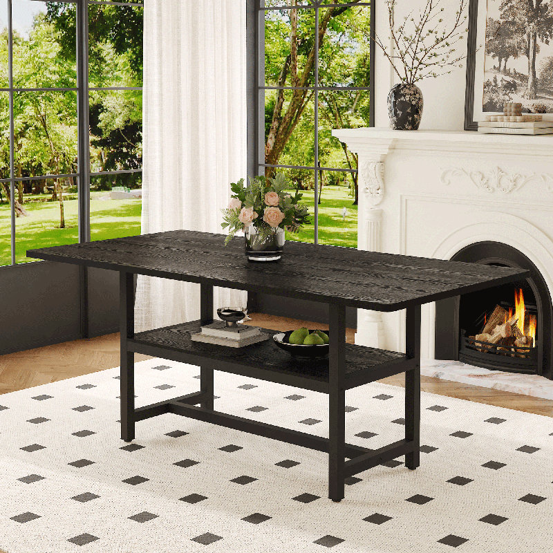 A 71 * 35.4 Inch Dining Table With A Tabletop Cleverly Pieced Together By Four Black Textured MDF Boards. There Is A 43.3 * 19.7 Storage Platform Below The Desktop. Very Suitable For Family Gatherings