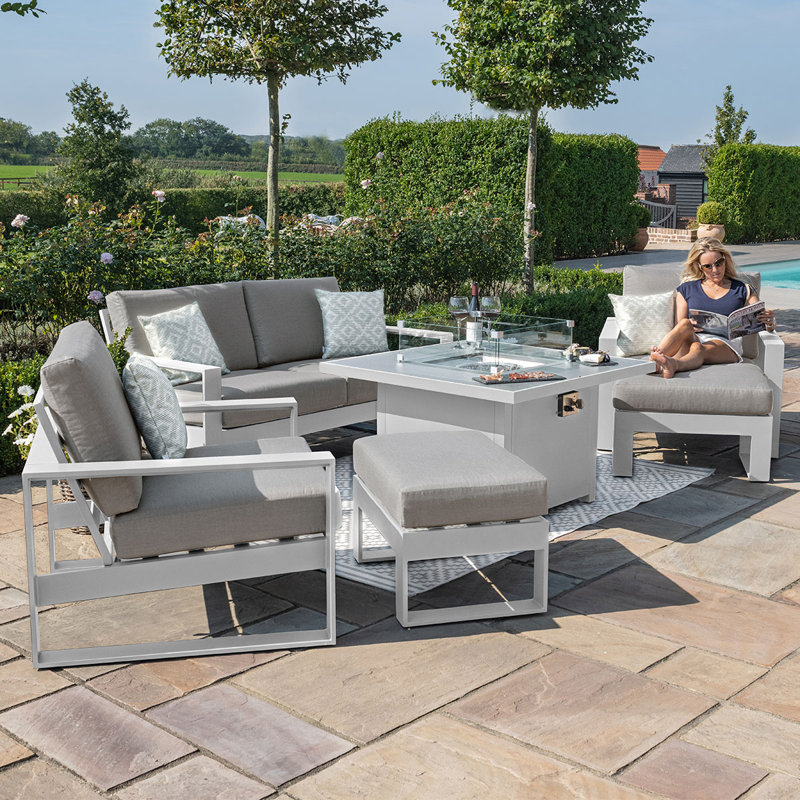 Hafza 2 Seat Aluminium Sofa Set - with Square Fire Pit Table - White, Light Grey, White