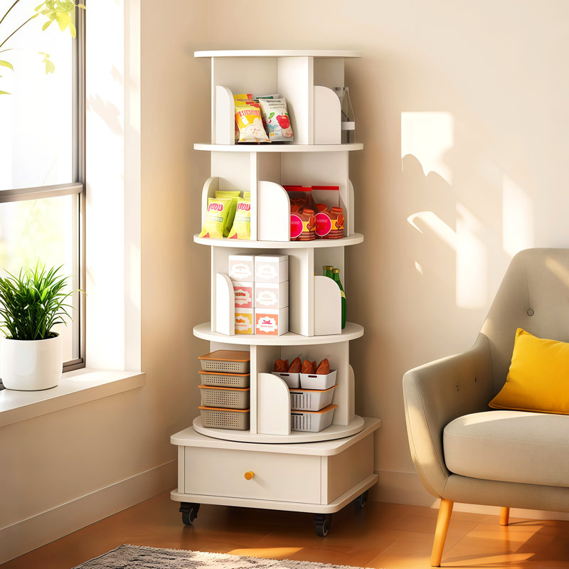Bibliothèque ronde rotative à 5 niveaux avec rotation à 360 °, roues universelles et tiroir, pour la décoration de bureau - Roues blanches chaudes, petits espaces stables