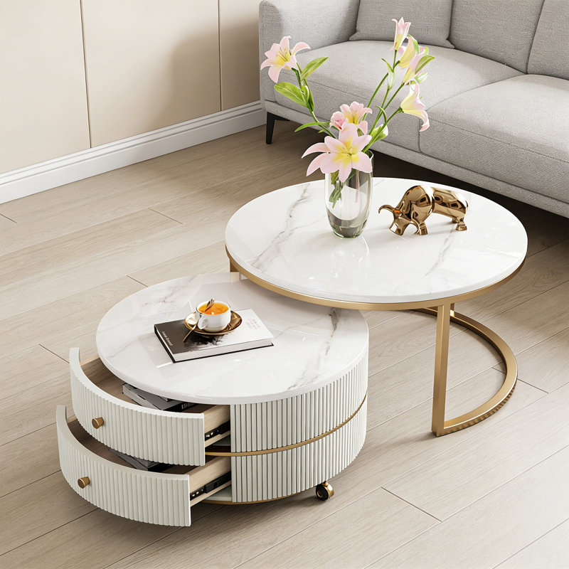 Table basse Roose 2, H 17,71 po x L 31,49 po x l 31,49 po, Blanc, Blanc / Doré