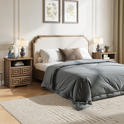 Modern Nightstand With Charging Station, 2 Drawer Bedside Table With USB & AC Outlets, Black Or Walnut Wood End Table With Open Shelf, Handleless Bedr
