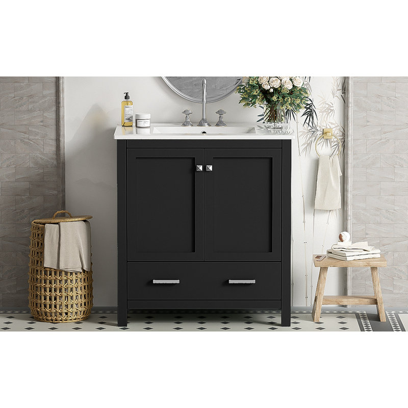 Meuble-lavabo de 30 po avec lavabo simple, meuble-lavabo encastré, armoire de rangement avec 2 portes et un tiroir, fermeture en douceur, rangement multifonctionnel, structure en bois massif