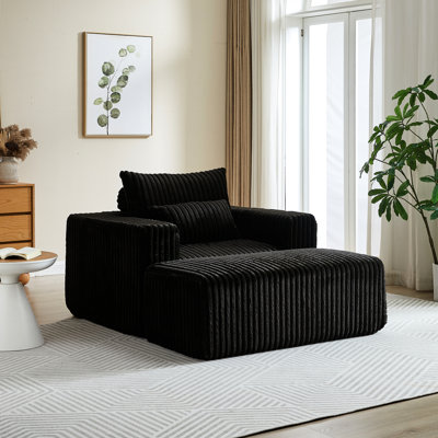 Corduroy Sponge Lounge Chair With Detachable Footrest - Fluffy Modern Sleeper For Living Room, No Assembly, Black Chair, 62.5-Inch, Removable Footrest, Assembly Required, Room