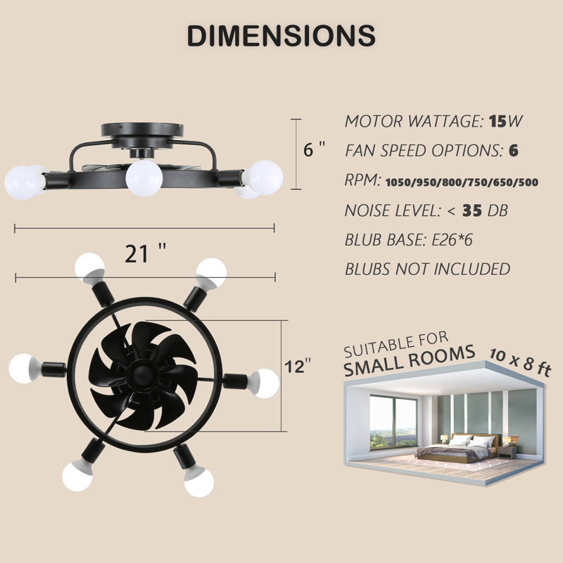 Ventilateur de plafond moderne noir mat à six lumières de 20 po Berwyck, moteur réversible à 3 vitesses et faible bruit