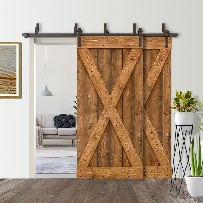 Porte de grange double à panneaux en bois teinté à panneau avec ensemble de quincaillerie coulissante, 64 po x 84 po, Noyer