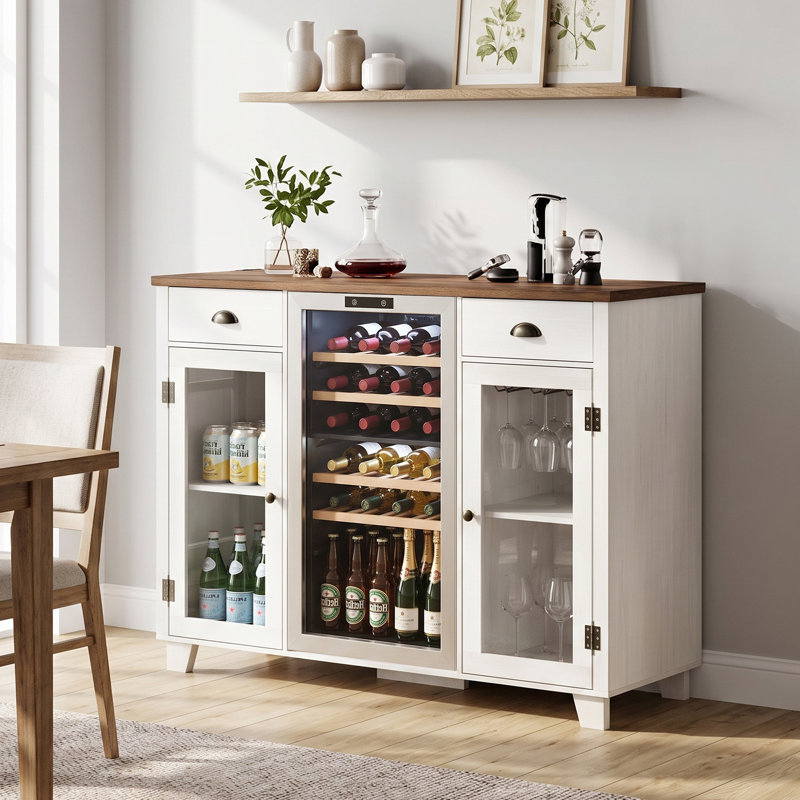 52 Inch Kitchen Island with Mini Fridge Space and Built-in Power Outlet Coffee Bar Cabinet, WHITE, 52" L