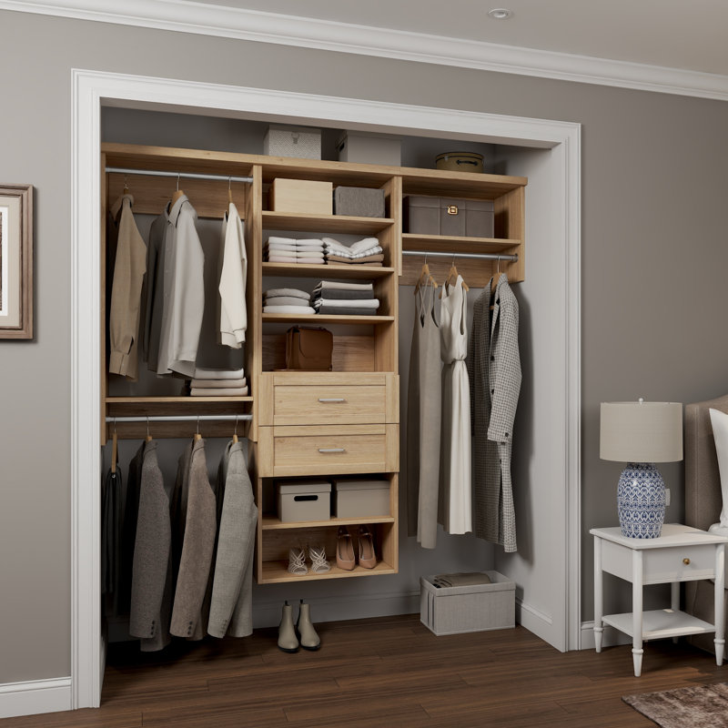 Natural Oak  76.5" Wall-Mounted Single Wall Closet System with 3 Sections, 3 Clothing Rods, 7 Shelves & 2 Shaker Drawers