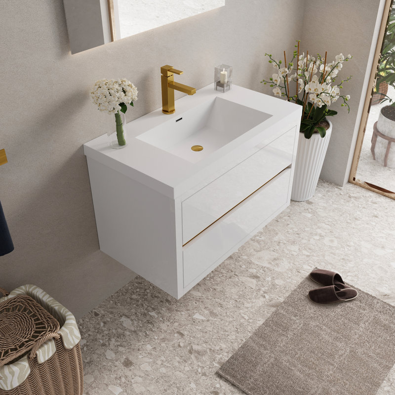 Meuble-lavabo de salle de bain avec lavabo, apparence blanche lustrée, fabrication, grand espace de rangement flottant en résine de pierre de 36 po avec comptoir flottant et fonction de fermeture en douceur sans effort