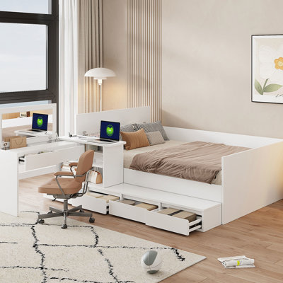 Full Size Wooden Bed With 6 Drawers, Shelves And Dressing Table, 21 Design For Work Project, Secure Structure Platform Drawers Vanity Desk, Makeup Pro