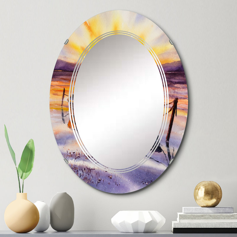 Coucher de soleil et deux petits bateaux stationnant sur la rivière - Miroir mural nautique et côtier ovale, 30 po x 20 po