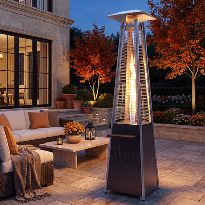 Chauffage de terrasse pyramidal avec table, chauffage extérieur au propane de 48 000 BTU avec flamme en verre à 360°, chauffage sur pied mobile pour terrasse, porche, piscine et fêtes en plein air, noir