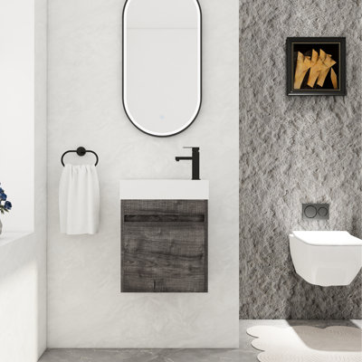 Meuble-lavabo mural de 18 po de style moderne avec lavabo en résine blanche, fonction de fermeture en douceur et contreplaqué installé avec une finition esthétique en chêne gris à carreaux fermés pour un espace luxueux