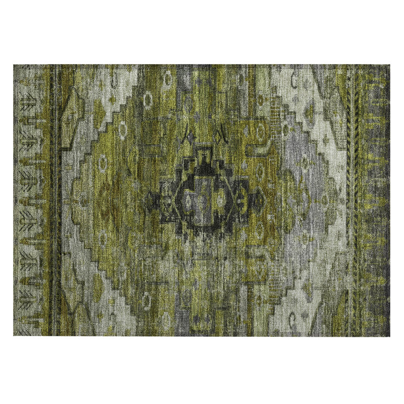 Machine Washable Indoor/Outdoor Xhevrie Olive Rug, Rectangle 1'8" x 2'6"