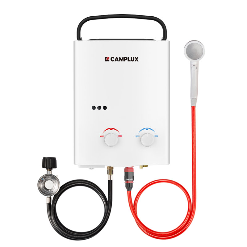 Chauffe-eau instantané portable extérieur CAMPLUX au propane liquide, blanc, débit de 1,32 GPM et puissance de 34 000 BTU.