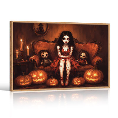 Art gothique sur toile, fille gothique sur un canapé avec citrouilles incandescentes