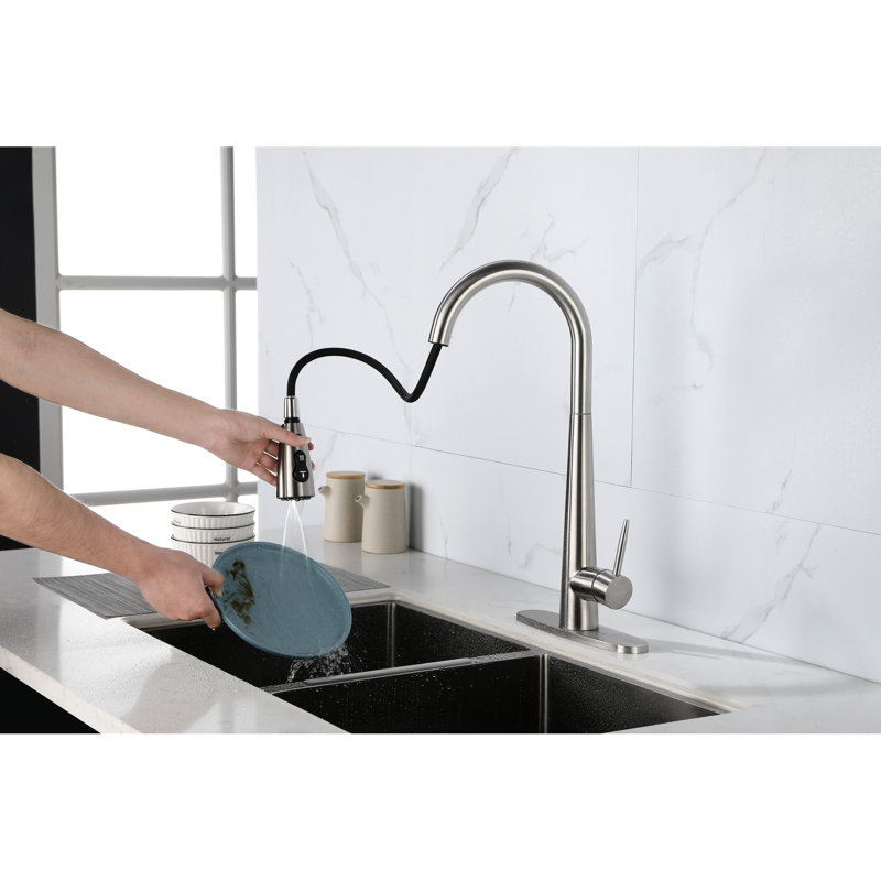 Stainless Steel Kitchen Faucet With Pull Down , Deck Plate, Brushed Nickel, High Arc Single Handle, Modern Nickel Faucet, Character
