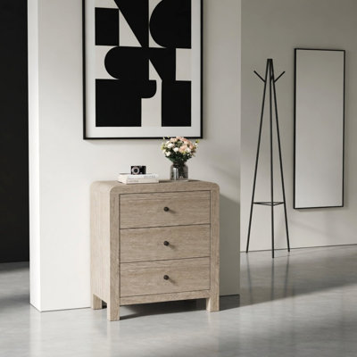 23.6" Width Natural Wood 3 Drawer Chest of Drawers - Modern Rounded Corner Design
