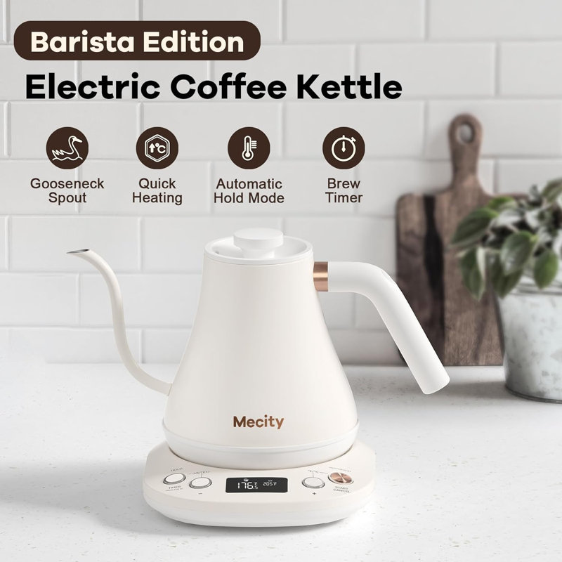 White 0.8 Quart Electric Gooseneck Kettle with LCD Display