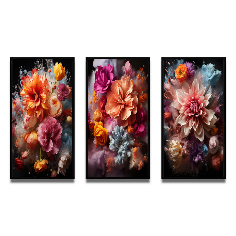 «Collage of Vibrant Blossoming Dahlia Flowers», 3 pièces sur toile, Cadre flottant noir, H 32 po x l 48 po