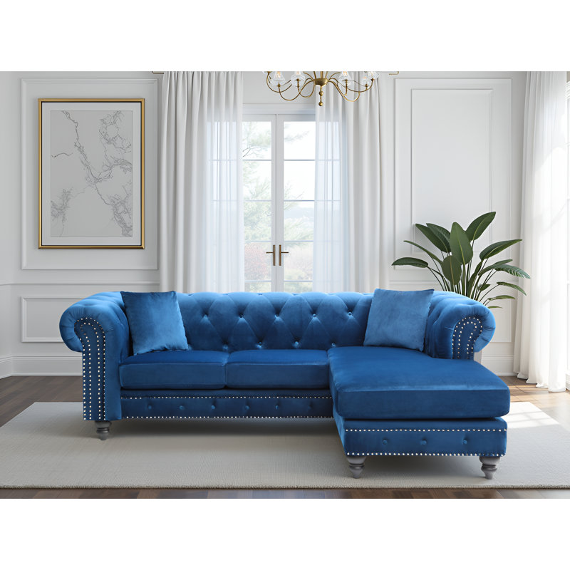 Swansea Velvet Reversible Sectional With Ottoman, Navy Blue