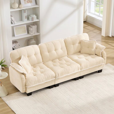 Chenille Cloud 3-Seater Sofa With 4 Pillows, Pom-Pom Trim Quilted Tufted Cushion Ergonomic Design, Easy Assembly Deep Seat Couch For Living Room Office, Apartment