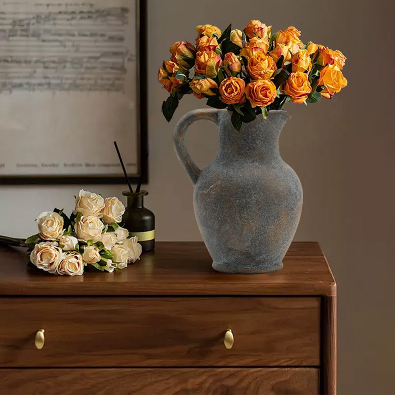 Ceramic Vase With Handle, Rustic Farmhouse Terracotta Vase, Minimalist Decorative Vase, Black