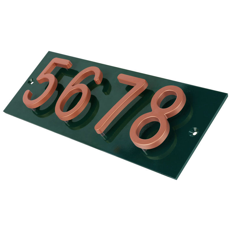 Plaque d'adresse horizontale flottante en aluminium Royal Shade - 4 chiffres personnalisés, Cuivre, Vert, Oui