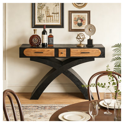 Console en placage de bois de frêne avec base en X et tiroirs Ashwood