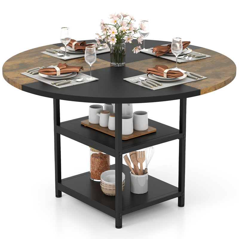 Round Metal Base Dining Table, Brown/Black