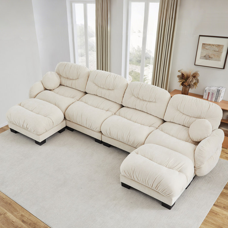 Canapé modulaire confortable en tissu chenille 4 places avec siège ergonomique en mousse haute densité, canapé modulaire en forme de U avec 2 repose-pieds, accoudoirs arrondis arrondis et 2 coussins décoratifs ronds