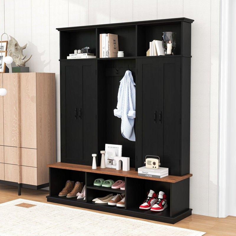 Entryway Hall Tree with Bench, 3 Top Cubbies, 6 Hooks, Side Cabinets and Shoe Storage, Black