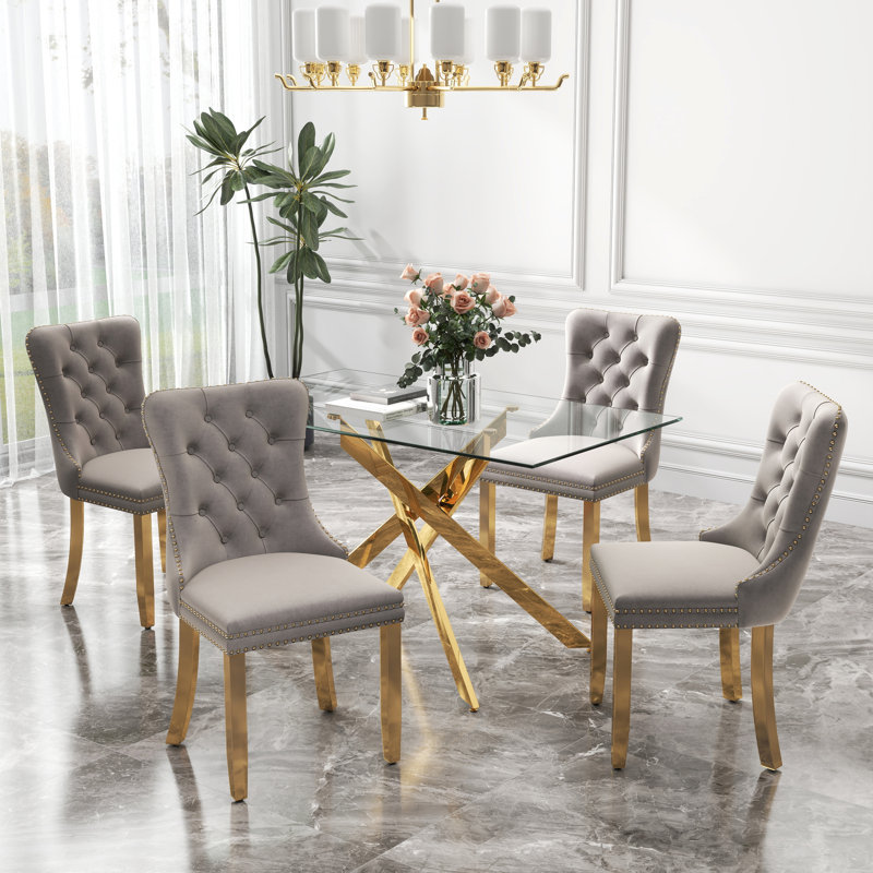 Ensemble de table de salle à manger rectangulaire en verre trempé, table de salle à manger de luxe avec chaise de salle à manger en velours capitonné