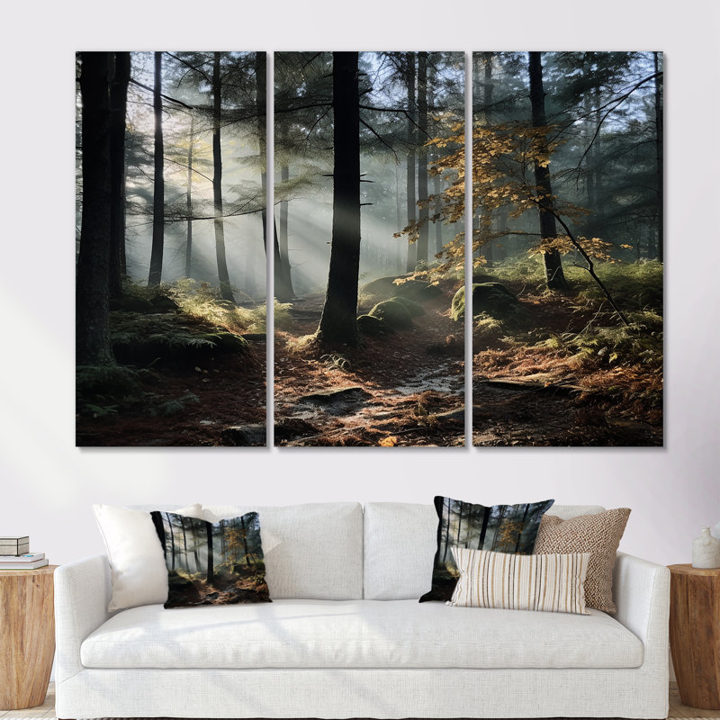 Forêt de pin, paysage d'automne, ensemble d'art mural, Toile tendue, H 32 po x l 48 po x P 1 po