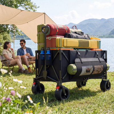 Collapsible Folding Utility Wagon Cart with Rear Brakes 600-lb Capacity 300-L All-Terrain PVC Wheels Waterproof 600D Fabric for Camping Beach Garden Black