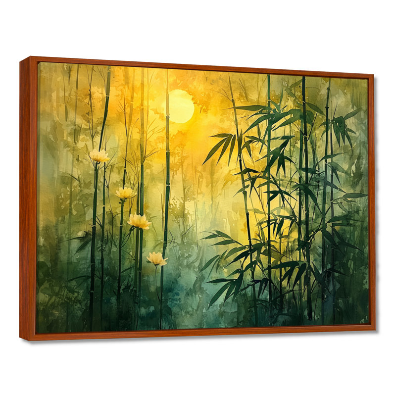 Lueur dorée de forêt de bambou II - décoration murale en bambou, H 34 po x l 44 po, Cadre flottant, Brun