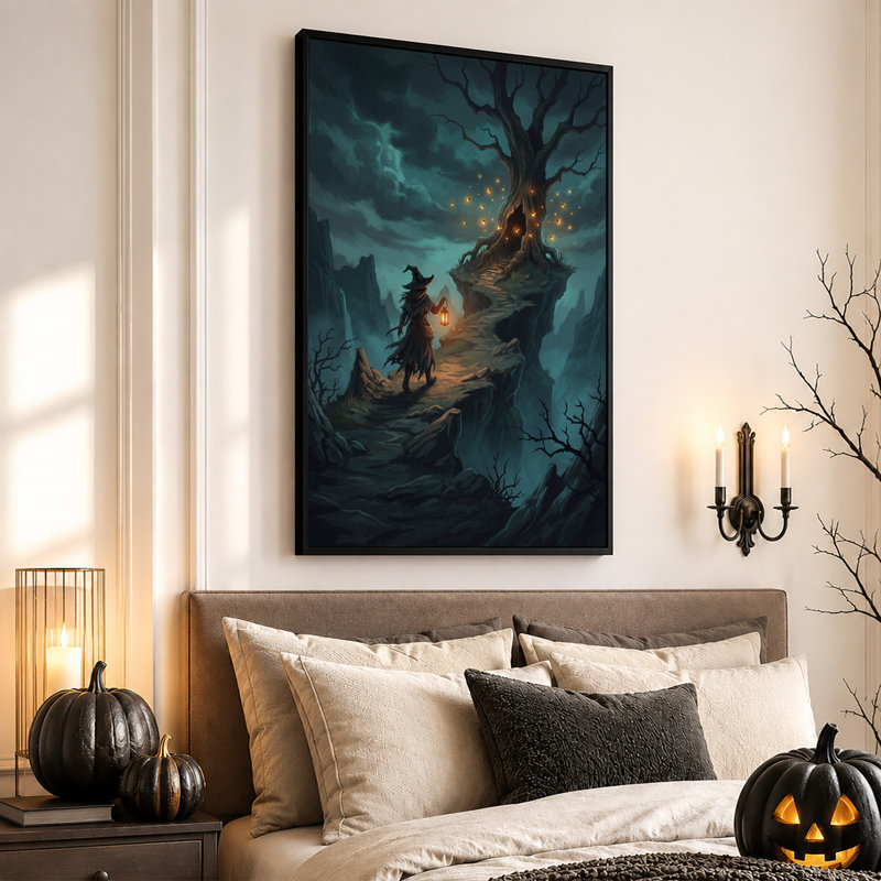 Magicien à la lanterne près d'un arbre illuminé au bord d'une falaise - Toile murale d'Halloween, 36"H x 24"W