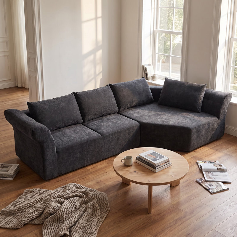 Canapé modulaire moderne avec accoudoirs larges, configuration d'angle en forme de L et sièges profonds - Canapé courbé avec plusieurs coussins de dossier et coussins