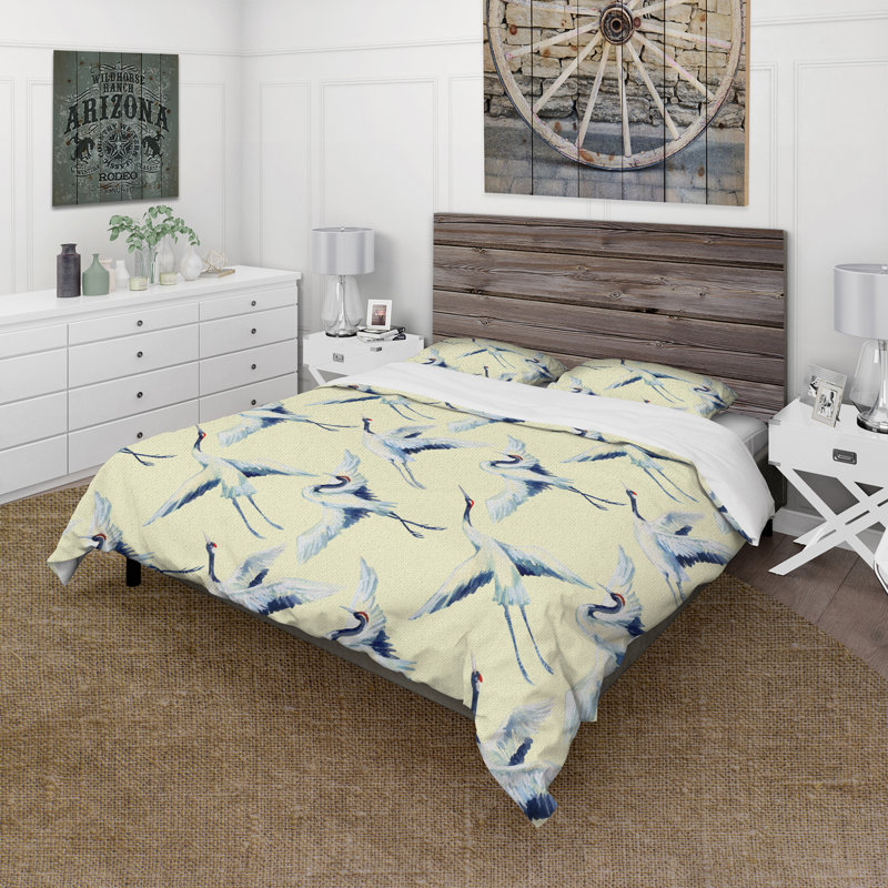 Asian Crane Birds Flying I - Ensemble de housse de couette traditionnel - Microfibre de polyester