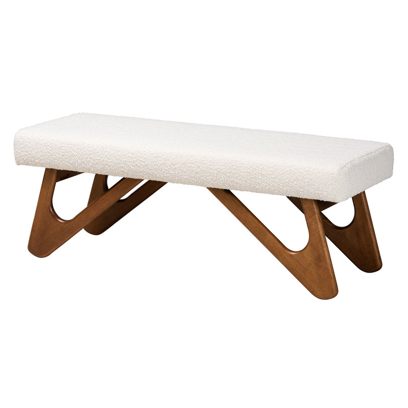 Cream Boucle Fabric and Walnut Wood Bench with Button-Tufted Seat