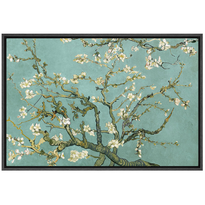 «Amandier en fleurs» par Vincent van Gogh, H 24 po x l 36 po x P 1,5 po, Bleu sarcelle, Structure noire