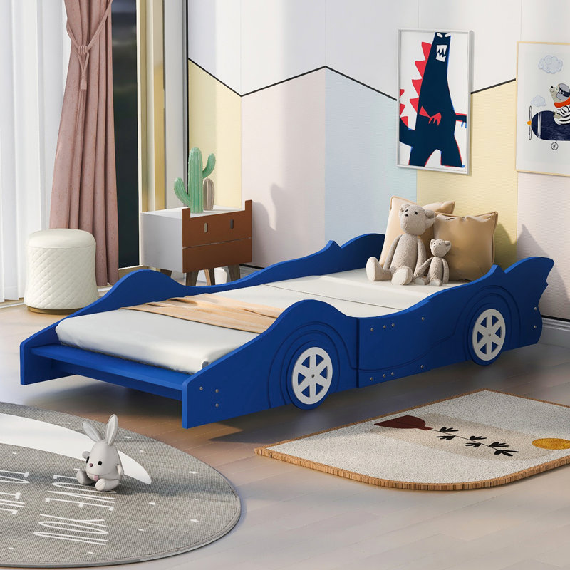 Twin Race Car-Shaped Platform Bed With Rotating Wheel Assembly - And Fashionable Size Car Secure Wheels, Functional, Blue