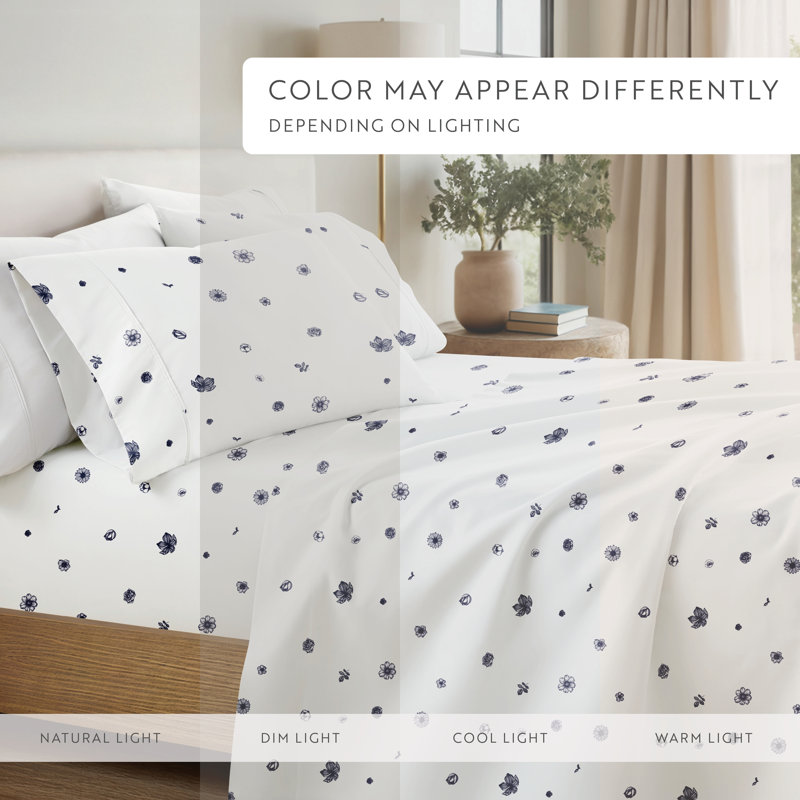 Home Indigo Flowers Pattern Microfiber Sheet Set, California King