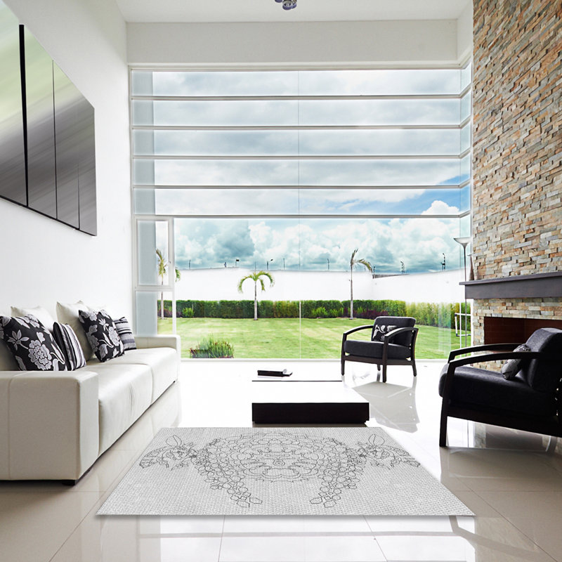 Tapis blanc/noir tissé à la machine, Carré 3 pi