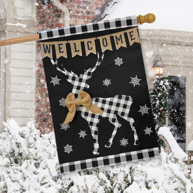 Checkered Deer Burlap Winter House Flag